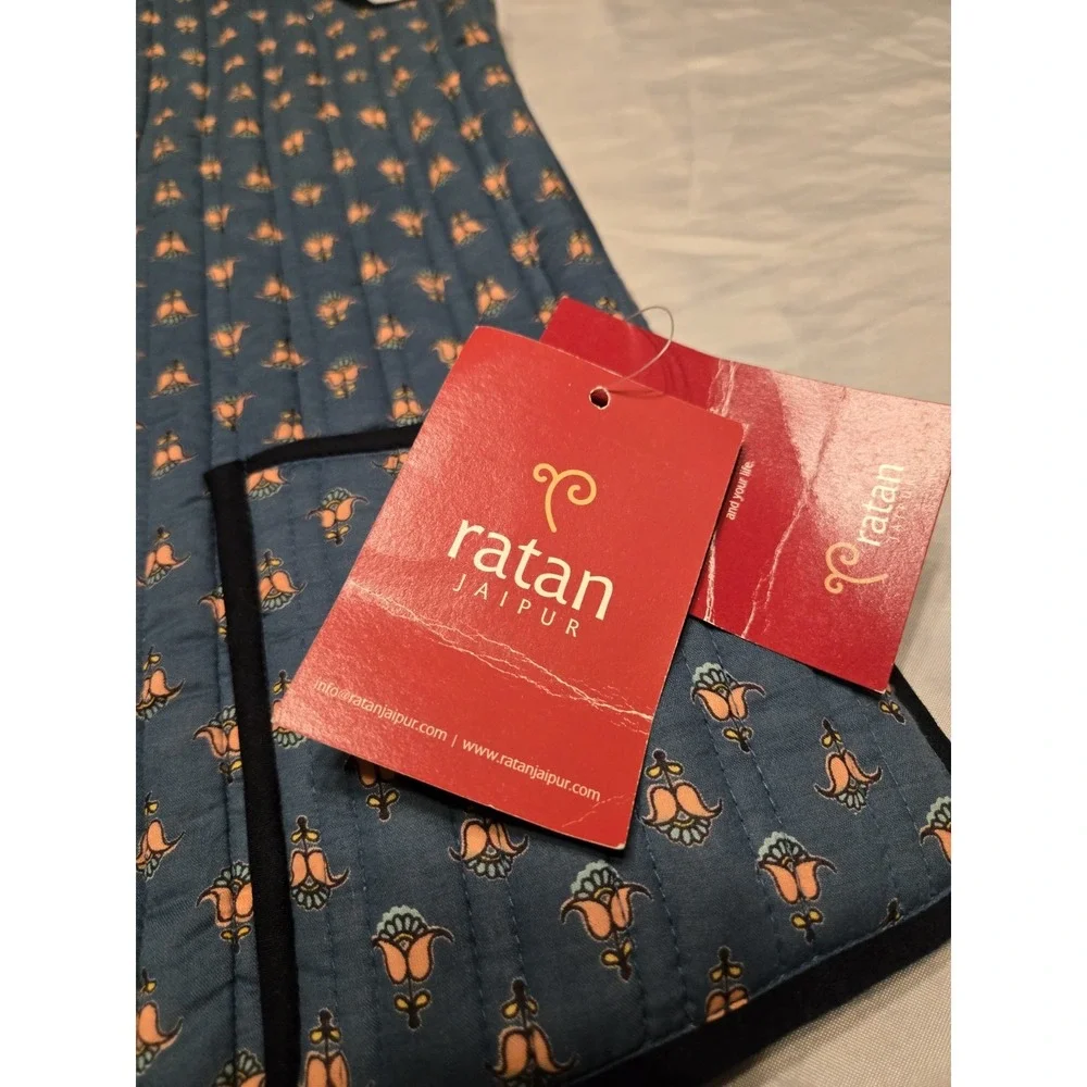 Ratan Jaipur Handmade Reversible Quilted Vest Cotton 11Y Blue Coral India Pocket